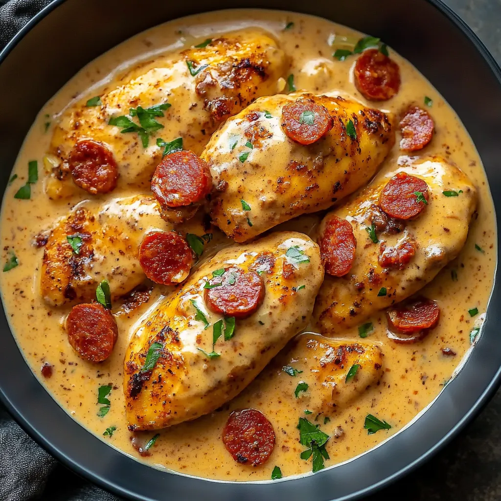 Aiguillettes de poulet nappées de sauce crémeuse au chorizo de bœuf servies dans une assiette rustique