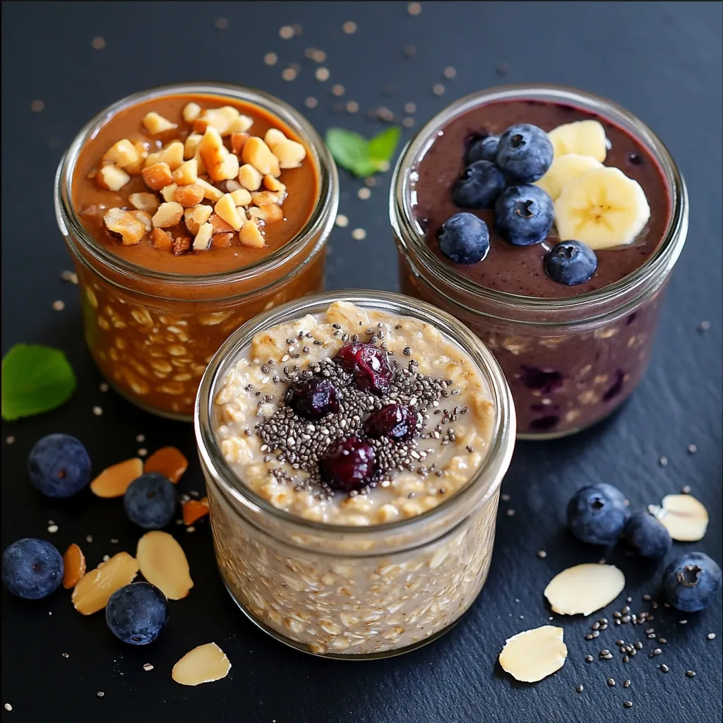 Bol de porridge aux fruits frais, pancakes à l’avoine et overnight oats au chocolat servis pour un petit-déjeuner équilibré