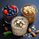 Bol de porridge aux fruits frais, pancakes à l’avoine et overnight oats au chocolat servis pour un petit-déjeuner équilibré