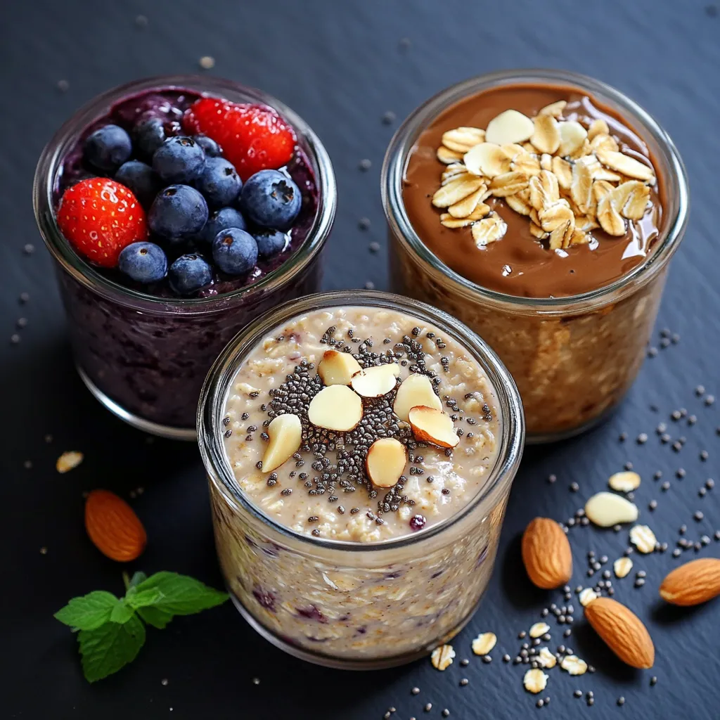 Bol de porridge aux fruits frais, pancakes à l’avoine et overnight oats au chocolat servis pour un petit-déjeuner équilibré