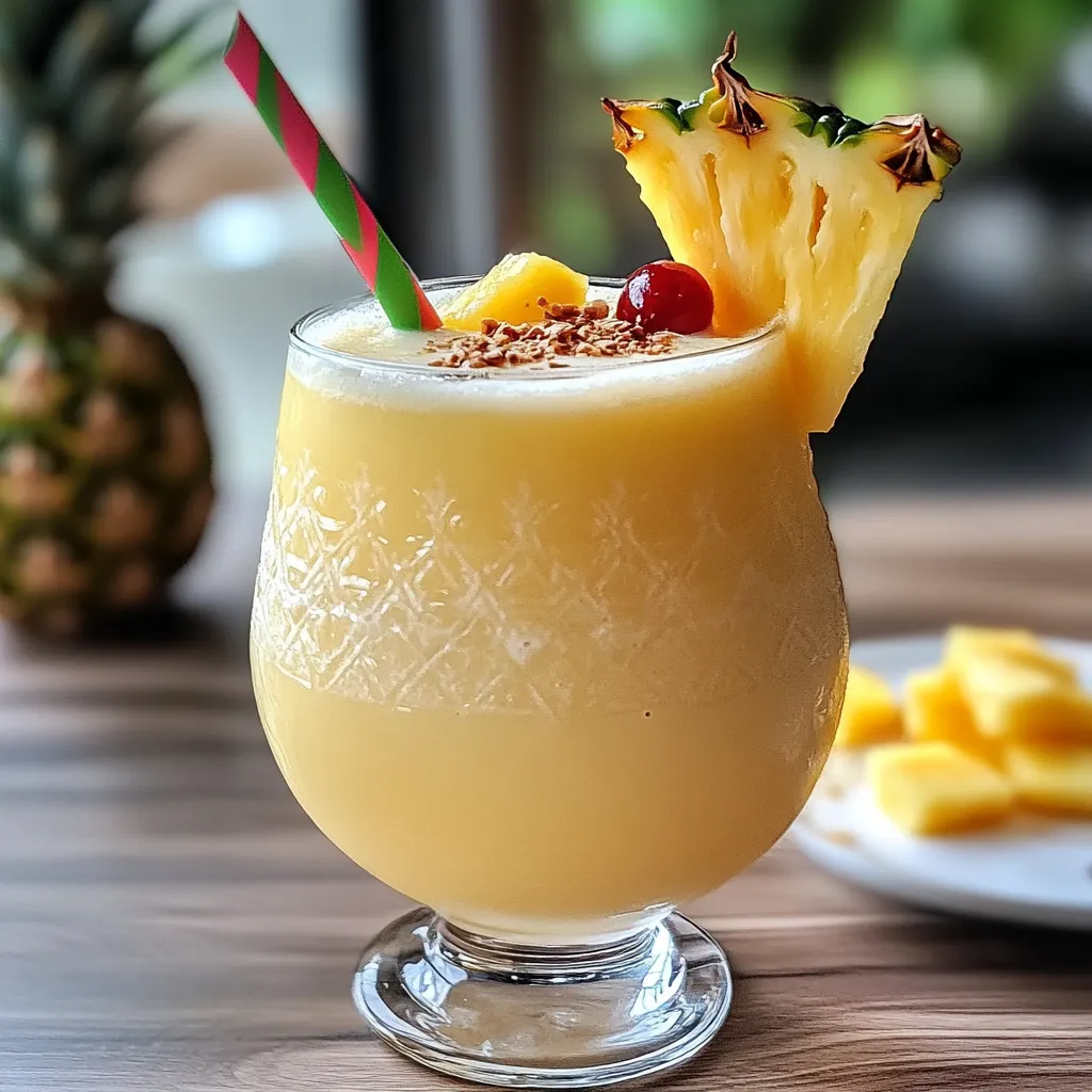 Verre de Piña Colada Sans Alcool servi avec tranche d’ananas et cerise.