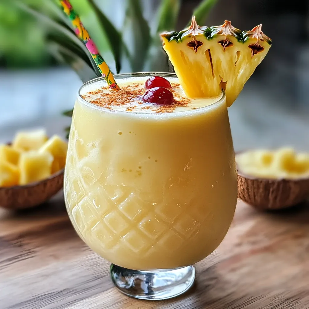 Verre de Piña Colada Sans Alcool servi avec tranche d’ananas et cerise.