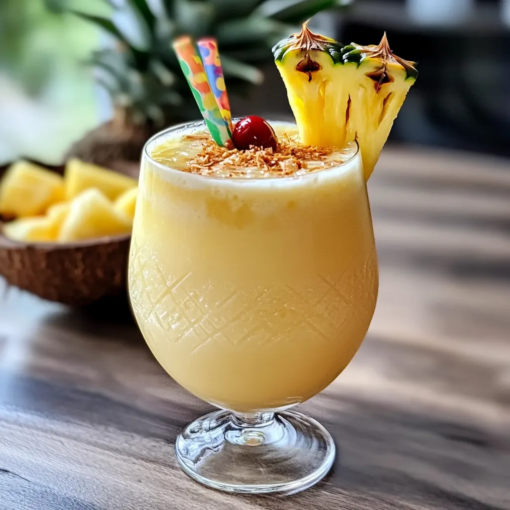 Verre de Piña Colada Sans Alcool servi avec tranche d’ananas et cerise.
