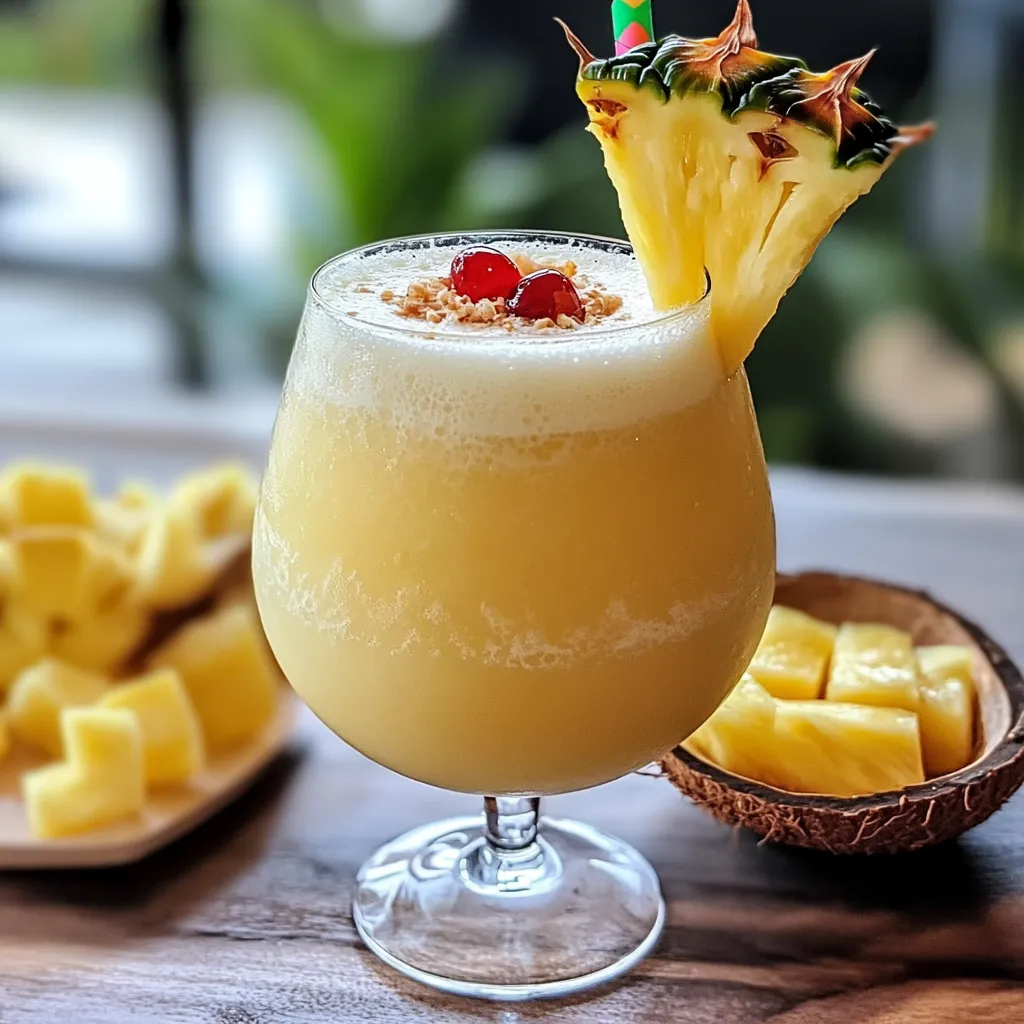 Verre de Piña Colada Sans Alcool servi avec tranche d’ananas et cerise.