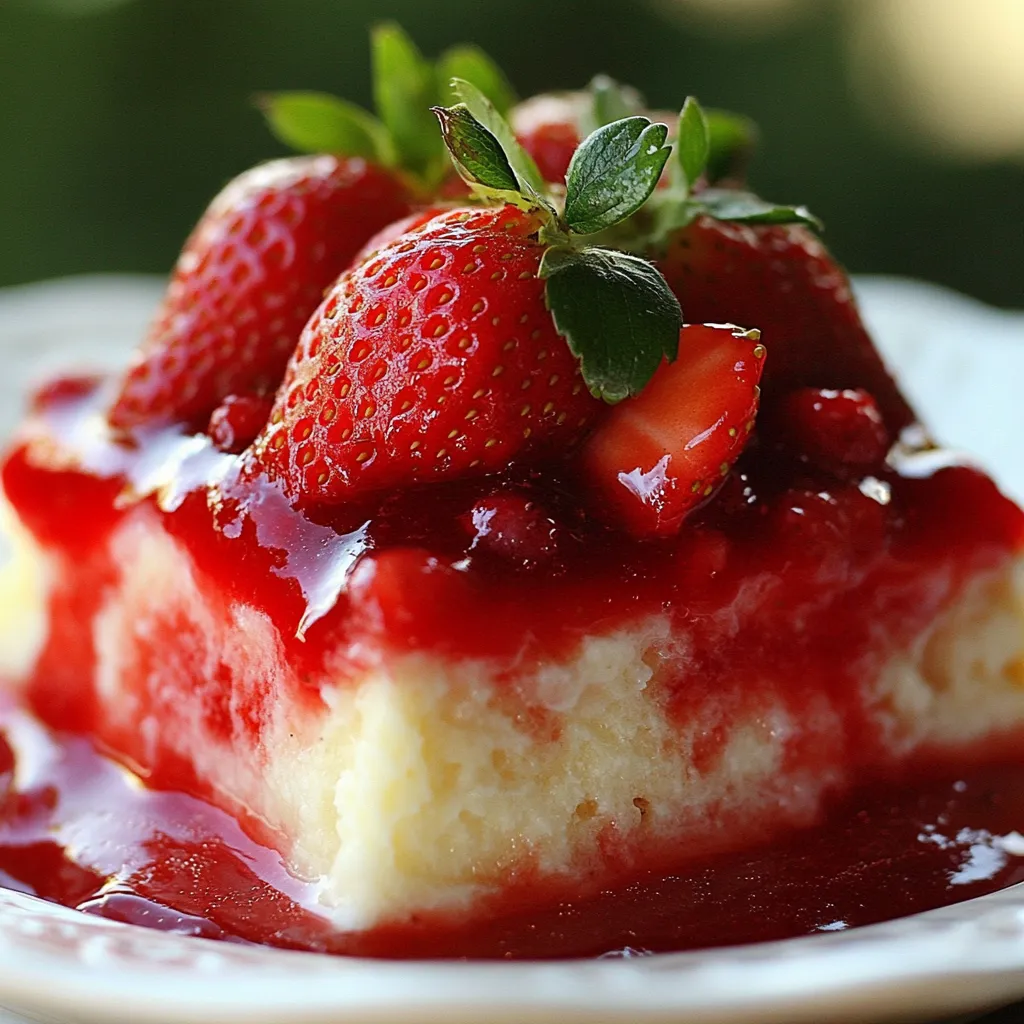 Pouding chômeur aux fraises servi tiède dans un plat en céramique