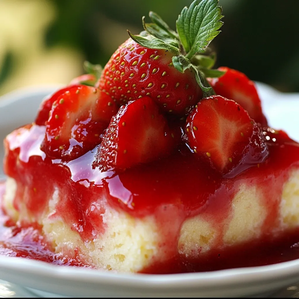 Pouding chômeur aux fraises servi tiède dans un plat en céramique