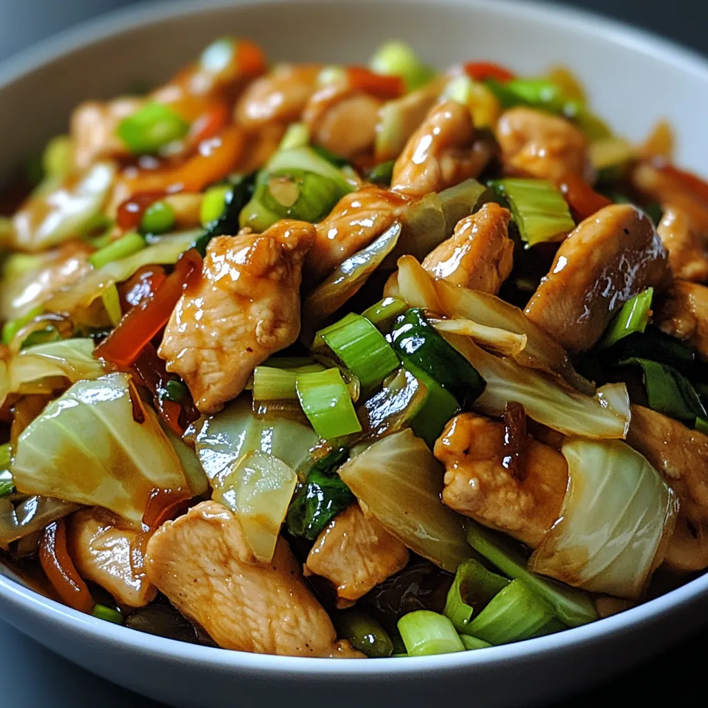 Poulet chinois sauté au chou dans une grande poêle avec légumes colorés