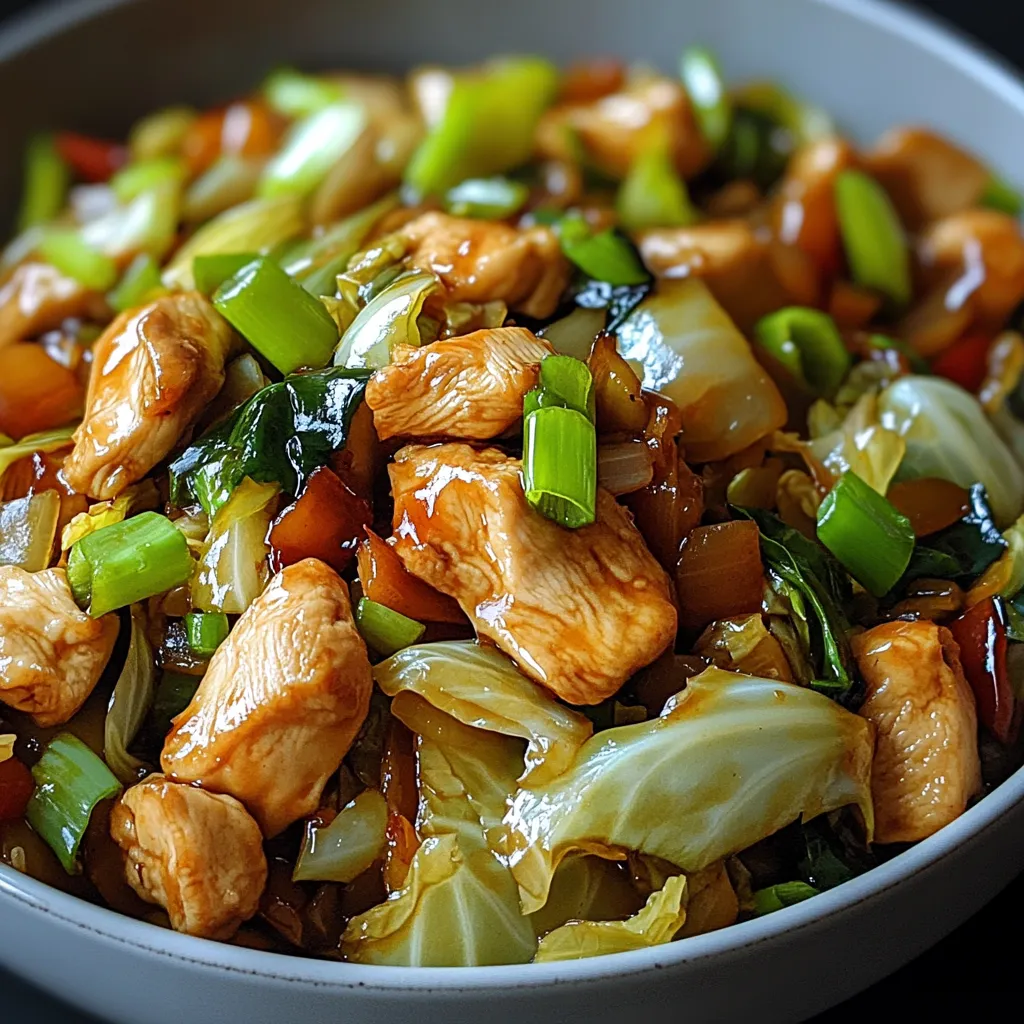 Poulet chinois sauté au chou dans une grande poêle avec légumes colorés