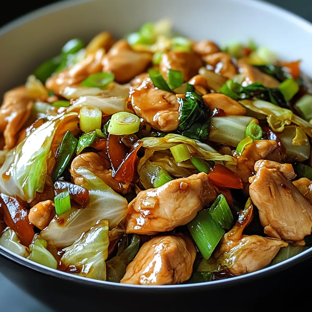 Poulet chinois sauté au chou dans une grande poêle avec légumes colorés