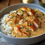 Assiette de poulet crémeux servi sur du riz basmati fondant avec persil frais