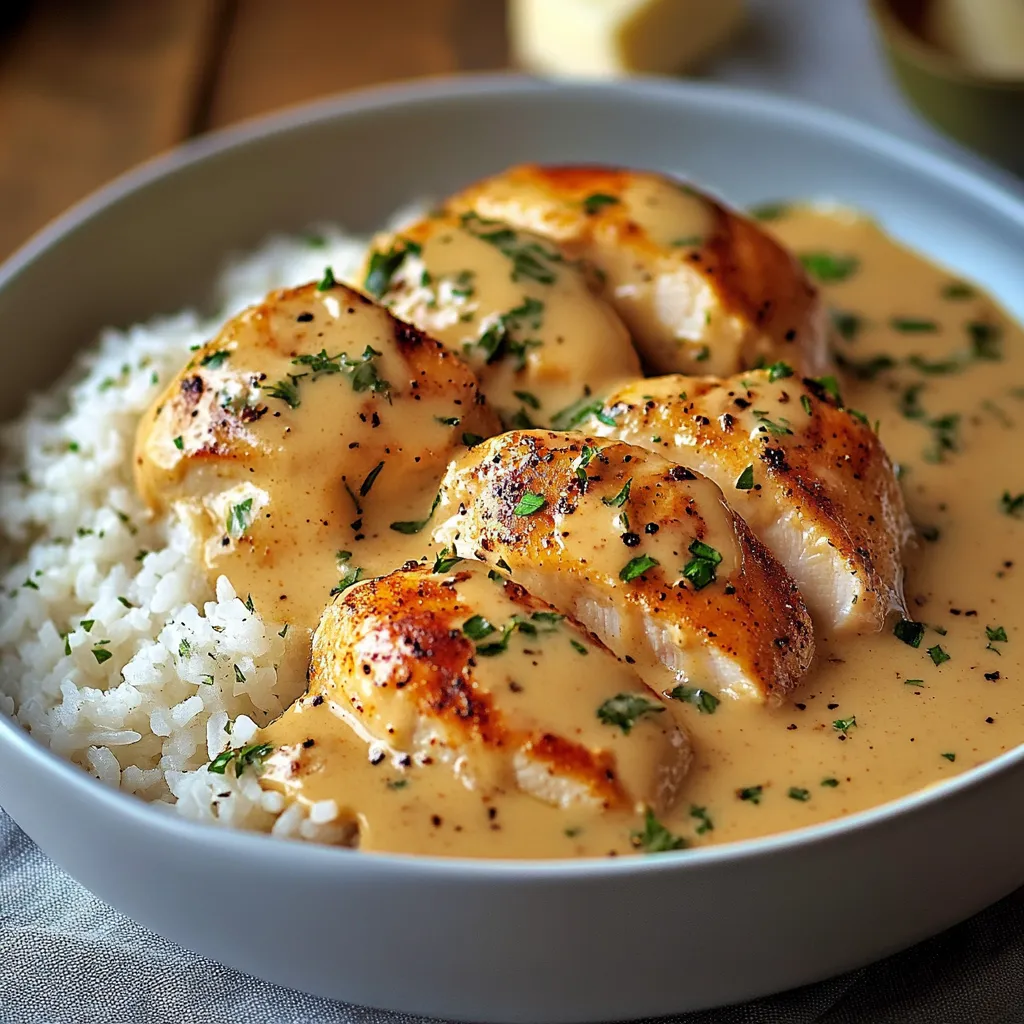 Assiette de poulet crémeux servi sur du riz basmati fondant avec persil frais
