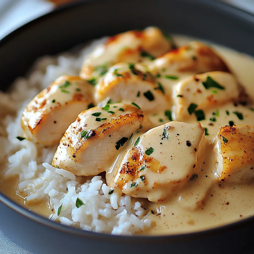 Assiette de poulet crémeux servi sur du riz basmati fondant avec persil frais