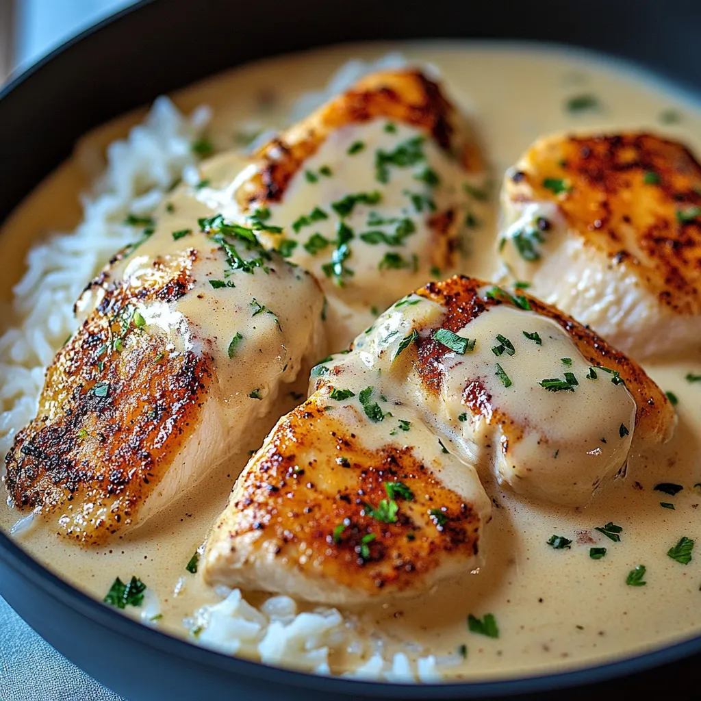 Assiette de poulet crémeux servi sur du riz basmati fondant avec persil frais