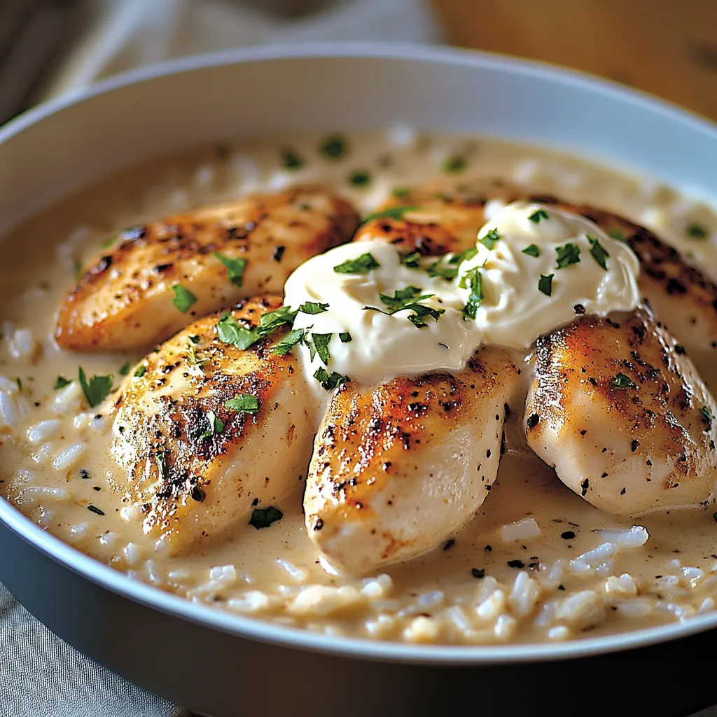 Assiette de poulet crémeux servi sur du riz basmati fondant avec persil frais