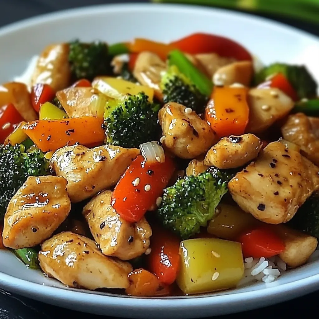 Poulet sauté aux légumes colorés servi avec du riz blanc vapeur dans une assiette