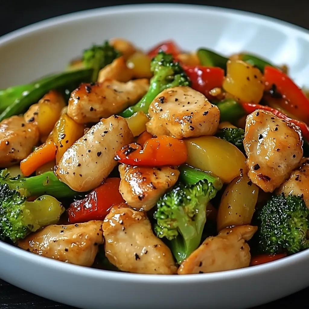 Poulet sauté aux légumes colorés servi avec du riz blanc vapeur dans une assiette