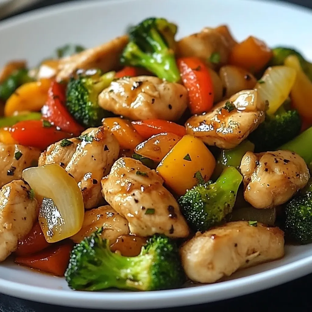 Poulet sauté aux légumes colorés servi avec du riz blanc vapeur dans une assiette