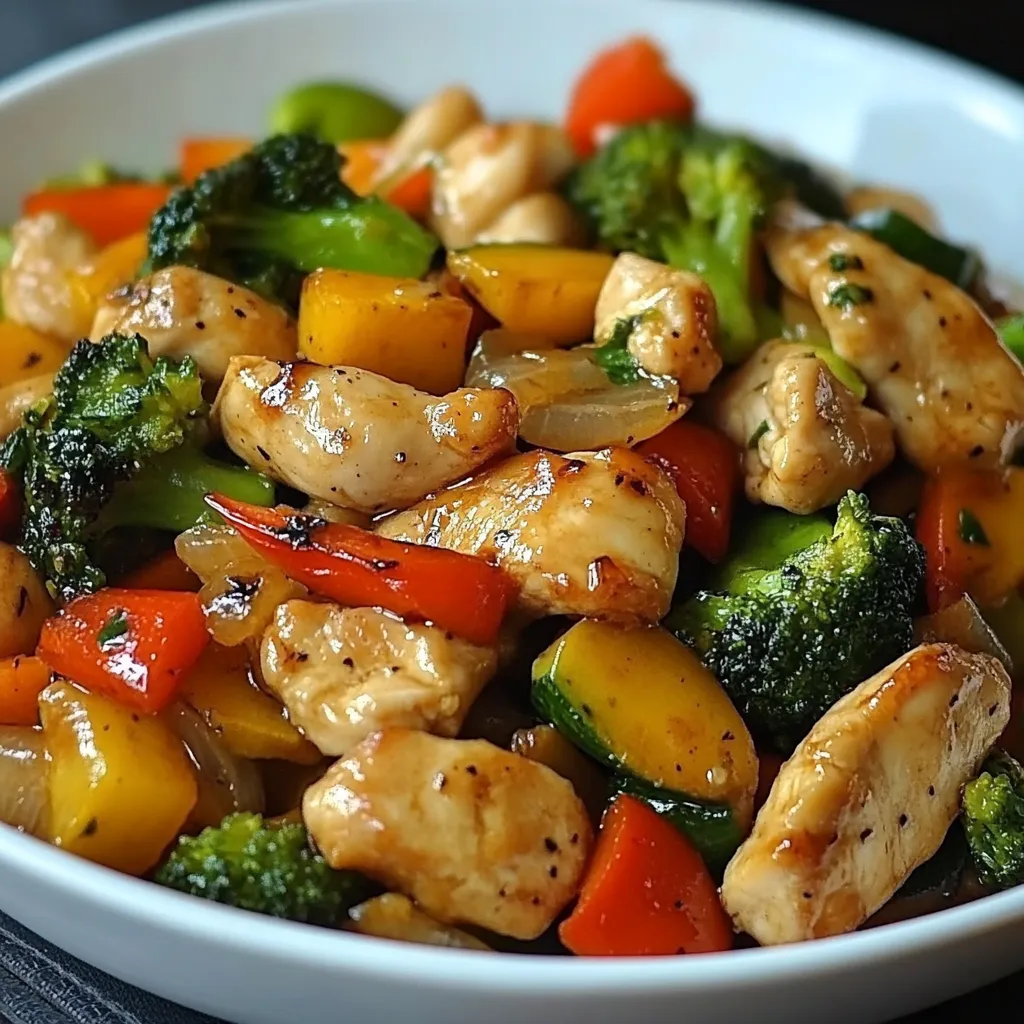 Poulet sauté aux légumes colorés servi avec du riz blanc vapeur dans une assiette