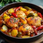 Plat de poulet mijoté avec poivrons tricolores et pommes de terre fondantes, servi dans une cocotte rustique.
