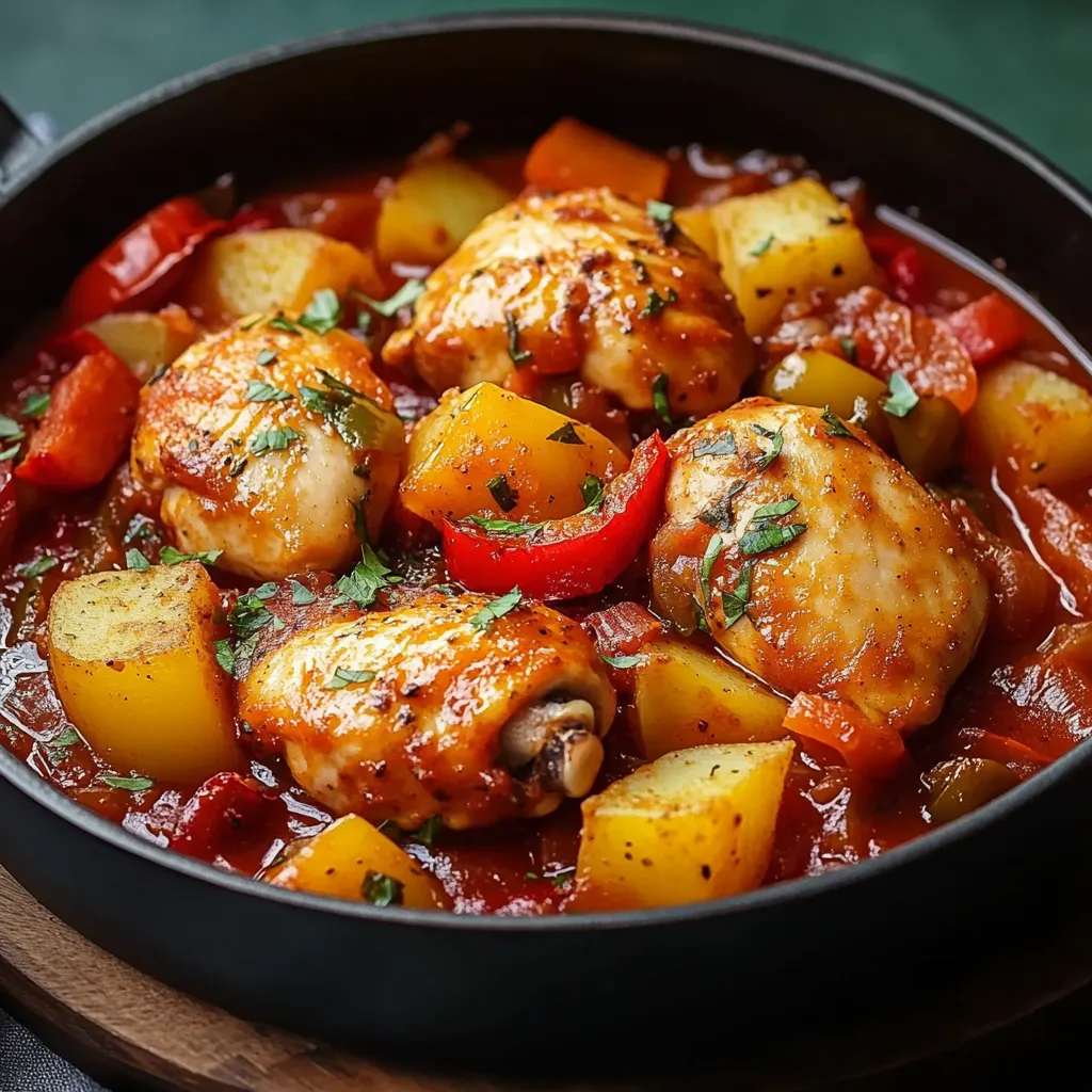 Plat de poulet mijoté avec poivrons tricolores et pommes de terre fondantes, servi dans une cocotte rustique.
