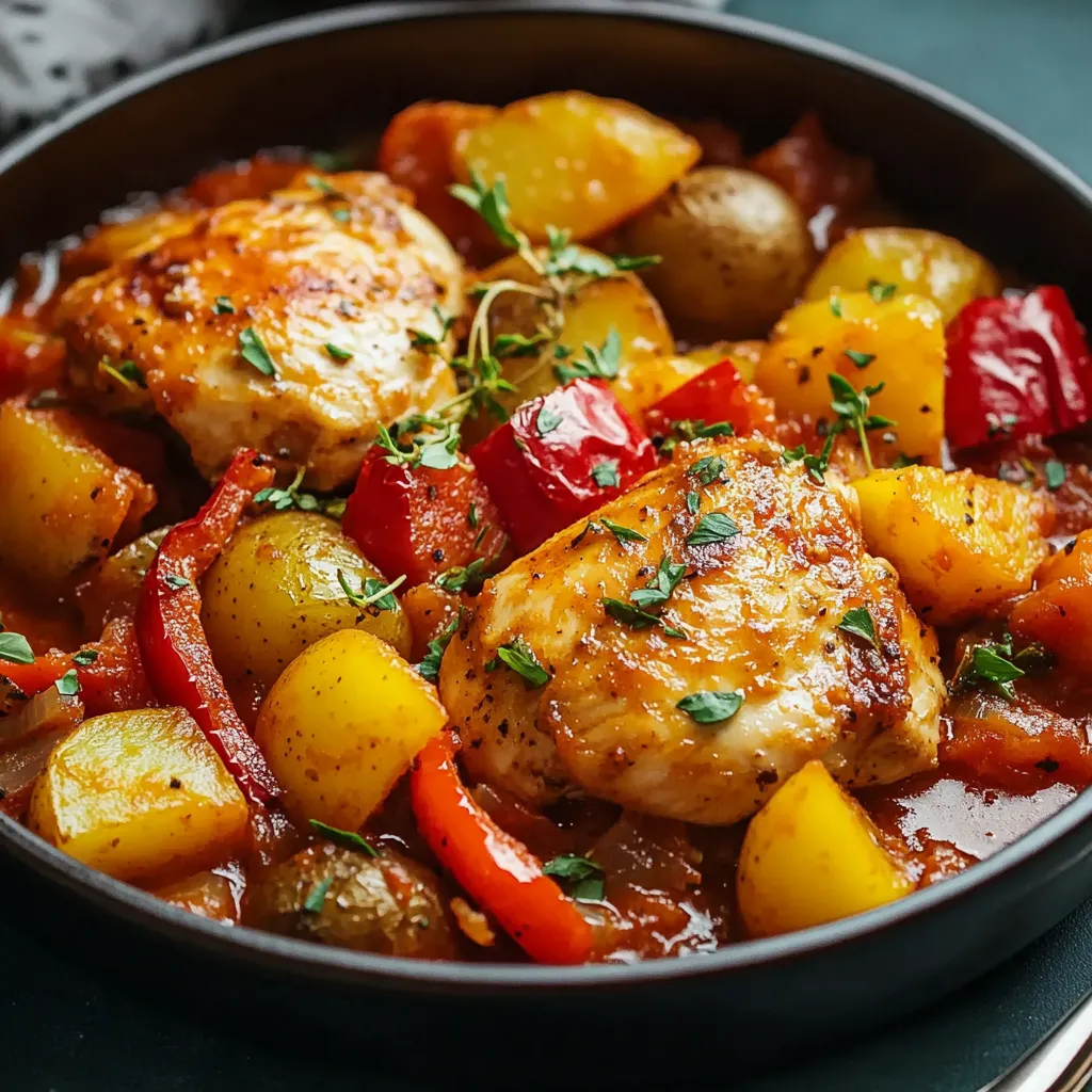 Plat de poulet mijoté avec poivrons tricolores et pommes de terre fondantes, servi dans une cocotte rustique.