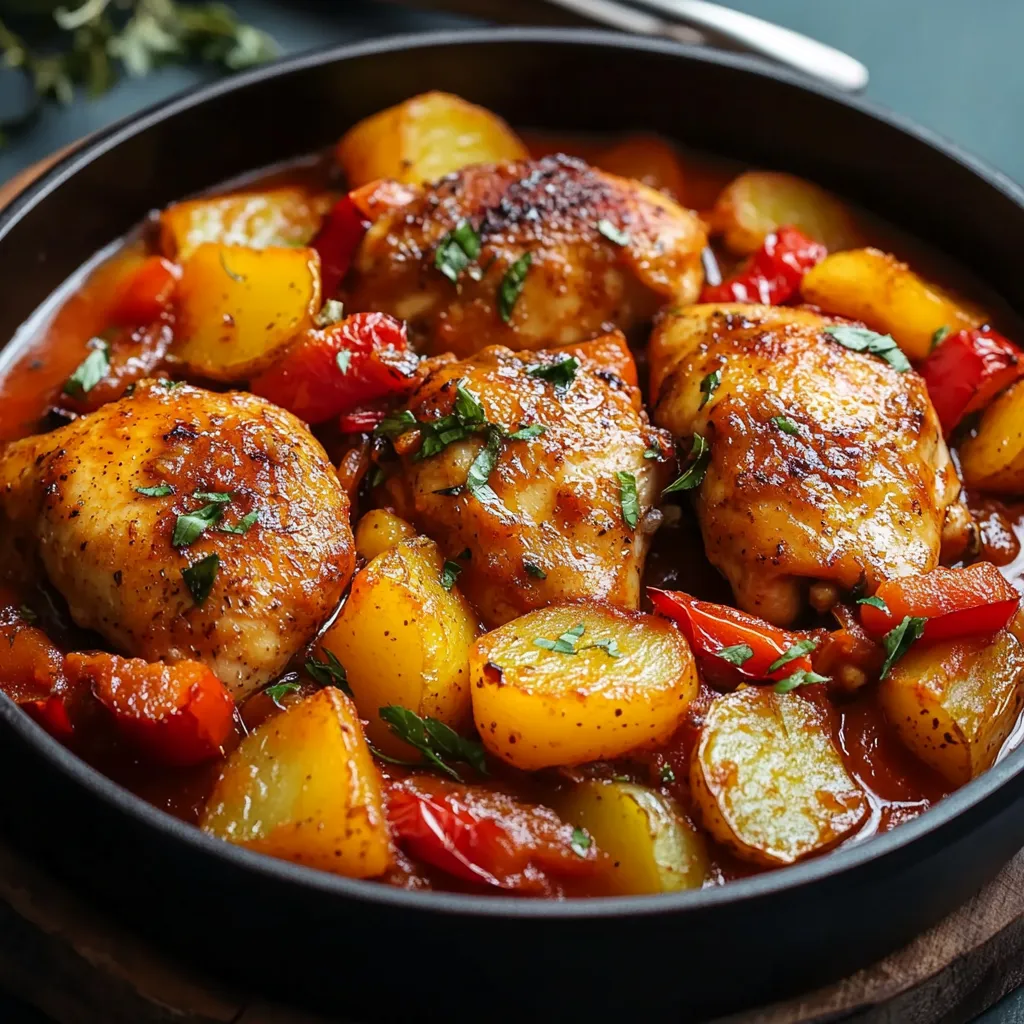 Plat de poulet mijoté avec poivrons tricolores et pommes de terre fondantes, servi dans une cocotte rustique.