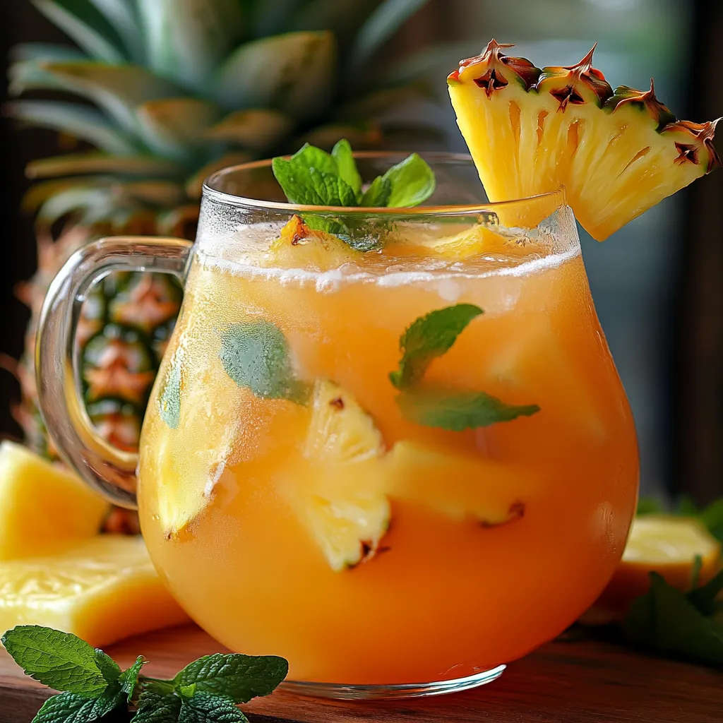 Verre de punch tropical à l’ananas et limonade avec glaçons, tranches de citron vert et feuille de menthe
