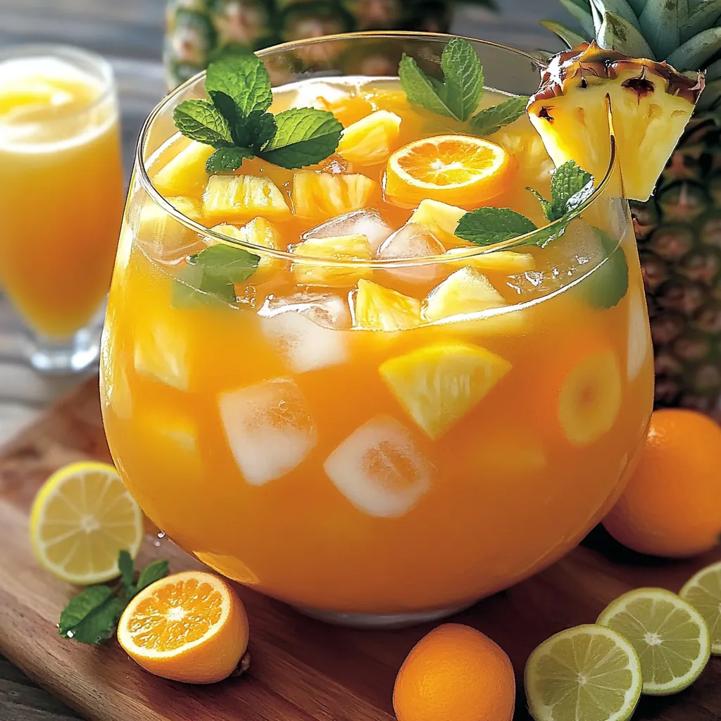 Verres de punch tropical à base d’ananas et limonade avec rondelles d’orange