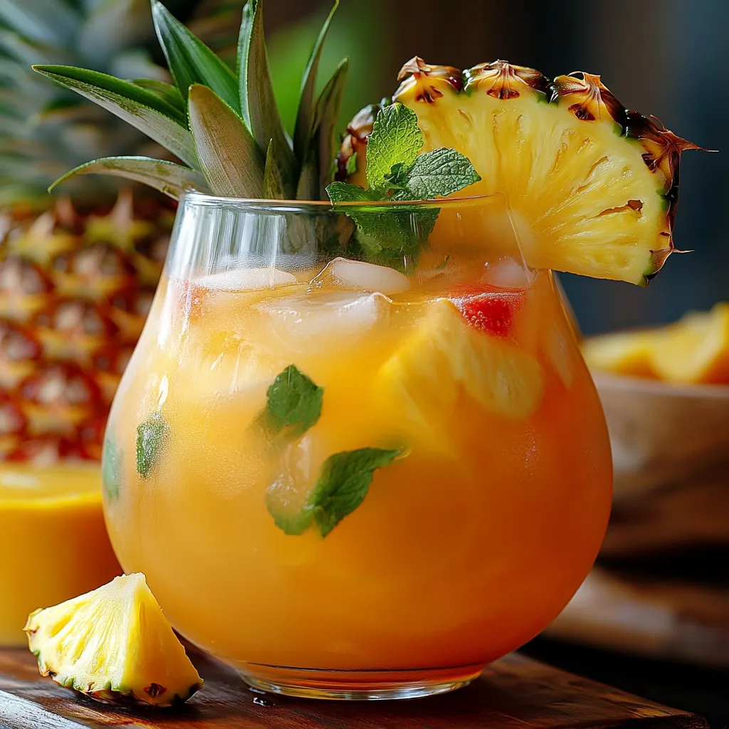 Verre de punch tropical à l’ananas et limonade avec glaçons, tranches de citron vert et feuille de menthe