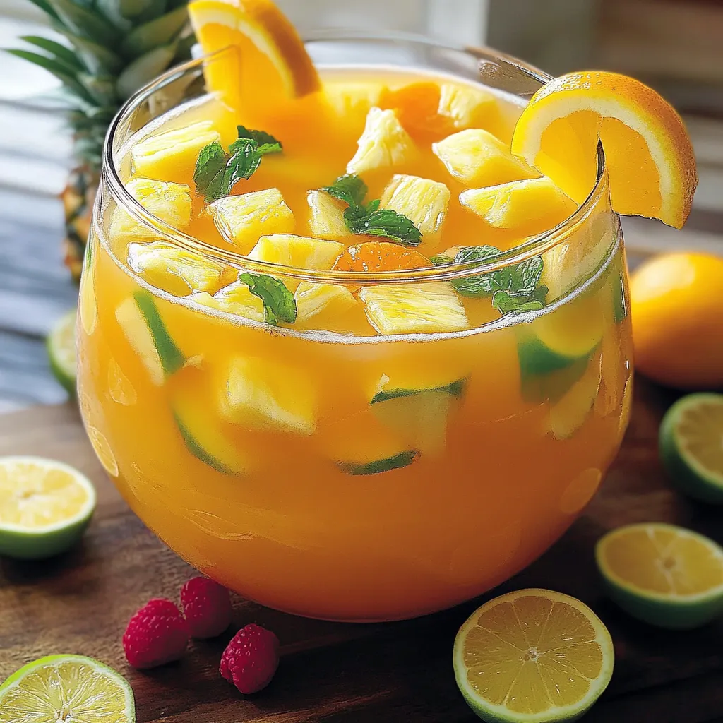 Verres de punch tropical à base d’ananas et limonade avec rondelles d’orange