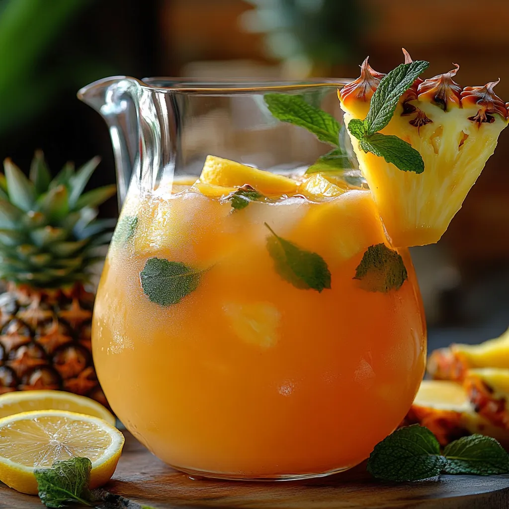 Verre de punch tropical à l’ananas et limonade avec glaçons, tranches de citron vert et feuille de menthe