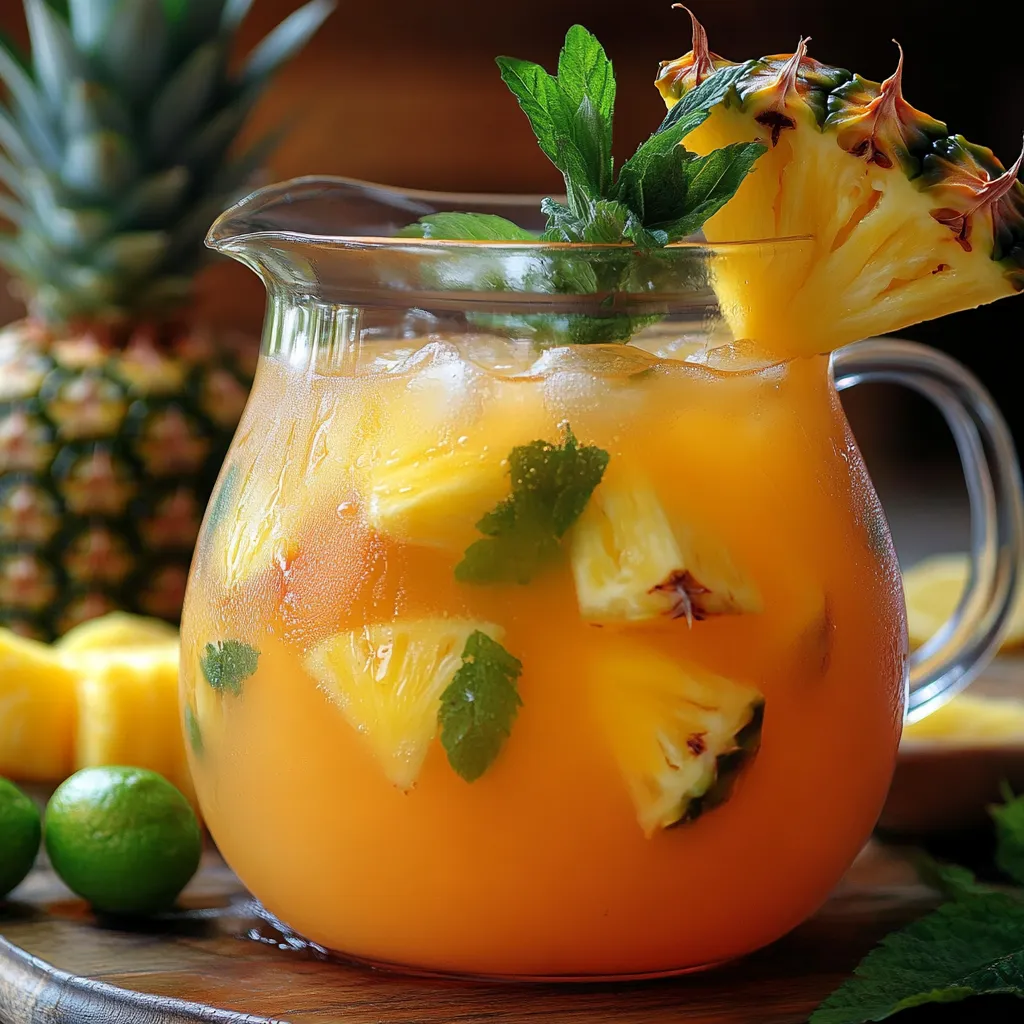Verre de punch tropical à l’ananas et limonade avec glaçons, tranches de citron vert et feuille de menthe