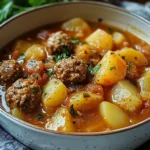 Ragoût maison aux boulettes de viande et pommes de terre dans une cocotte