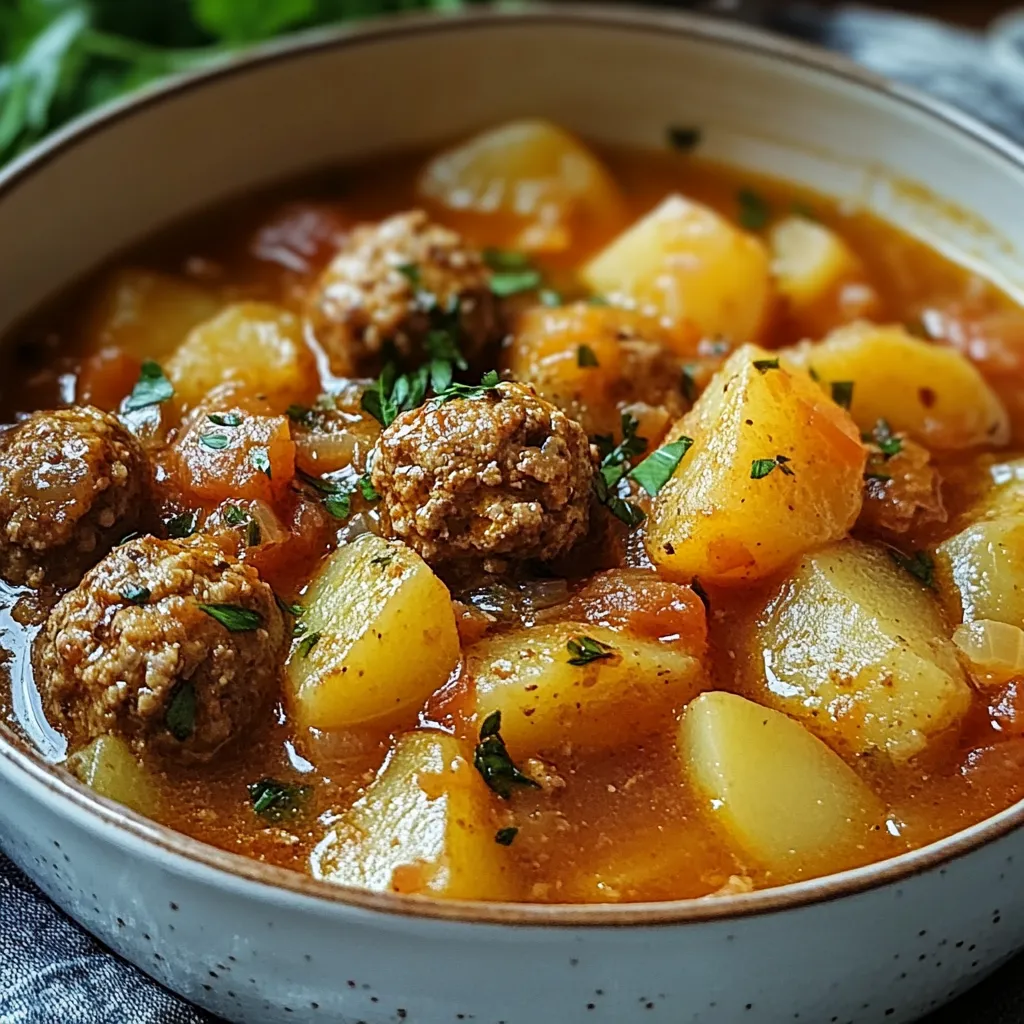 Ragoût maison aux boulettes de viande et pommes de terre dans une cocotte