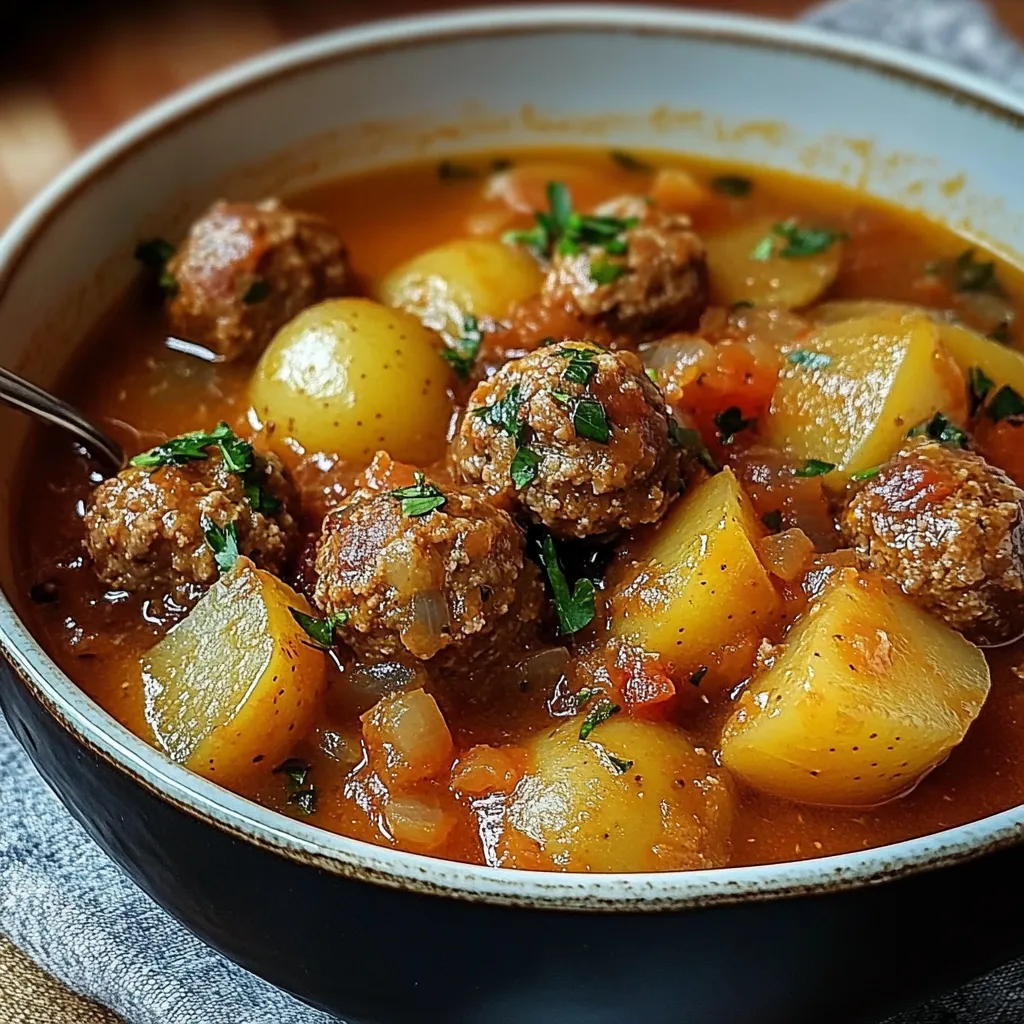 Ragoût maison aux boulettes de viande et pommes de terre dans une cocotte