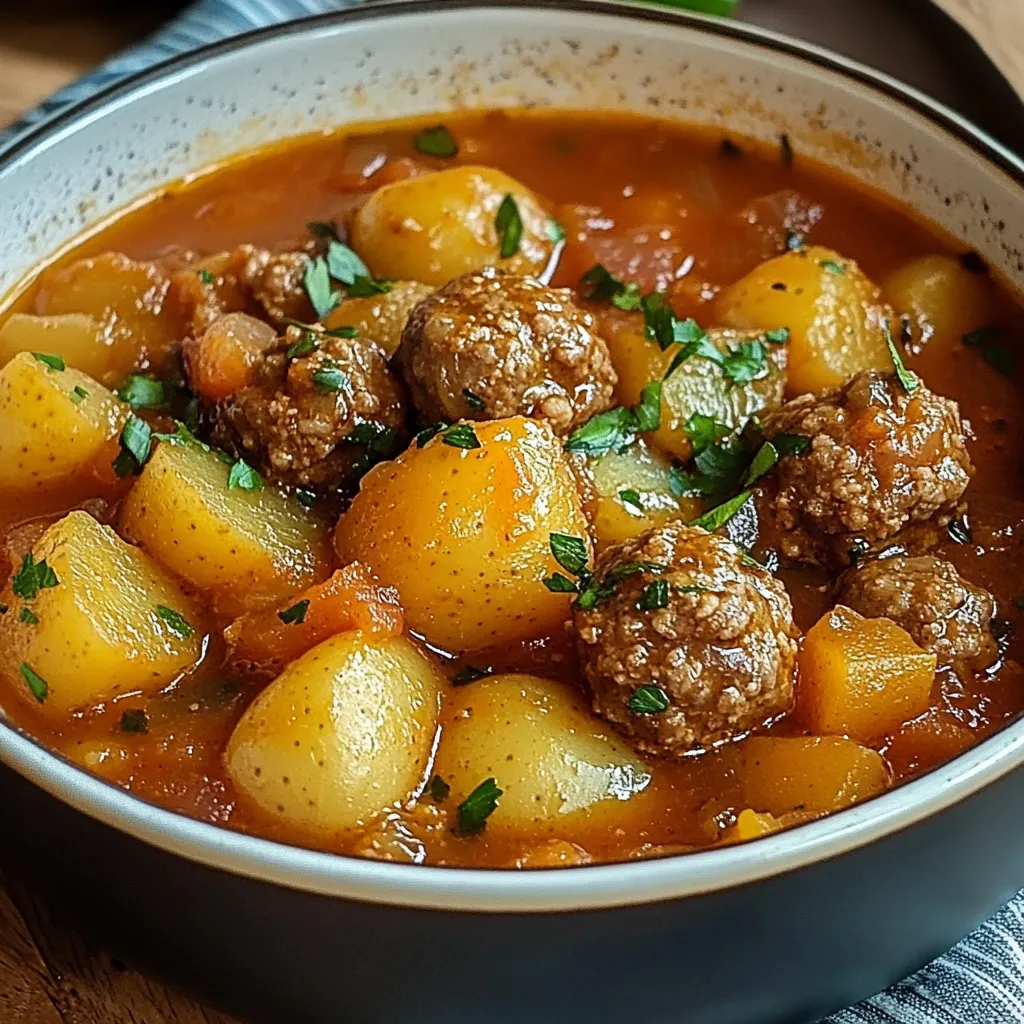 Ragoût maison aux boulettes de viande et pommes de terre dans une cocotte