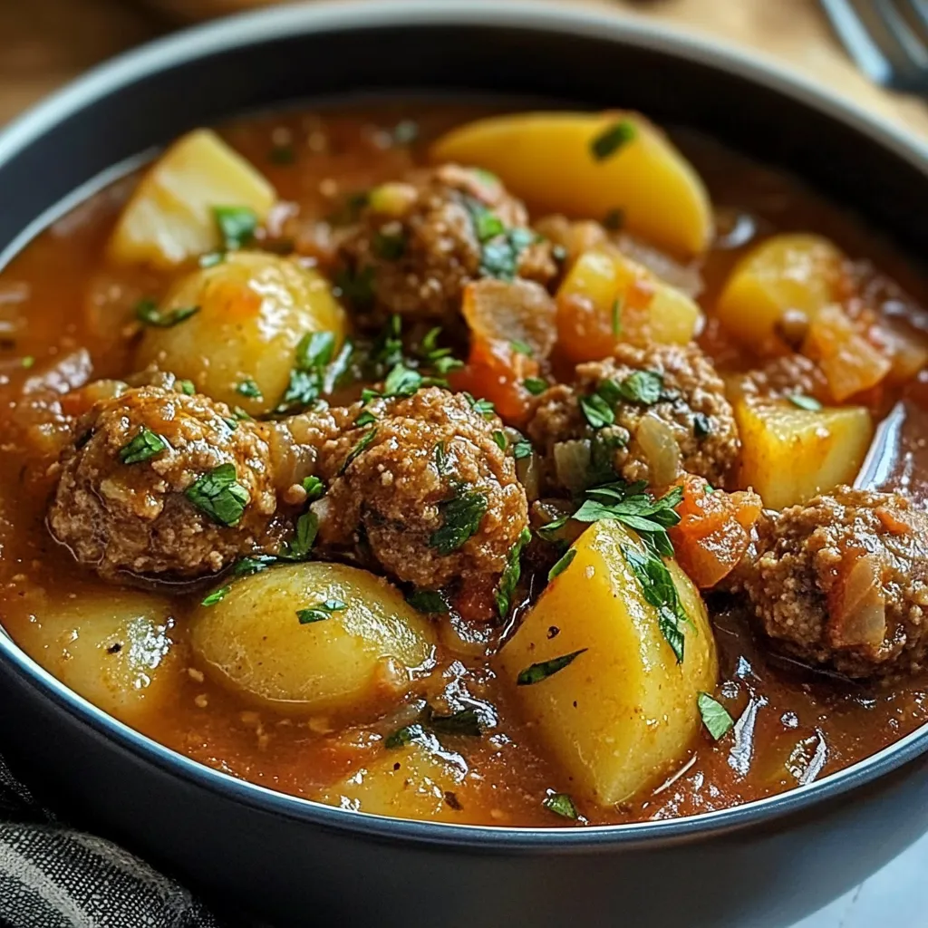 Ragoût maison aux boulettes de viande et pommes de terre dans une cocotte