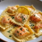 Raviolis de homard maison nappés de sauce au safran et citron, servis dans une assiette blanche élégante.