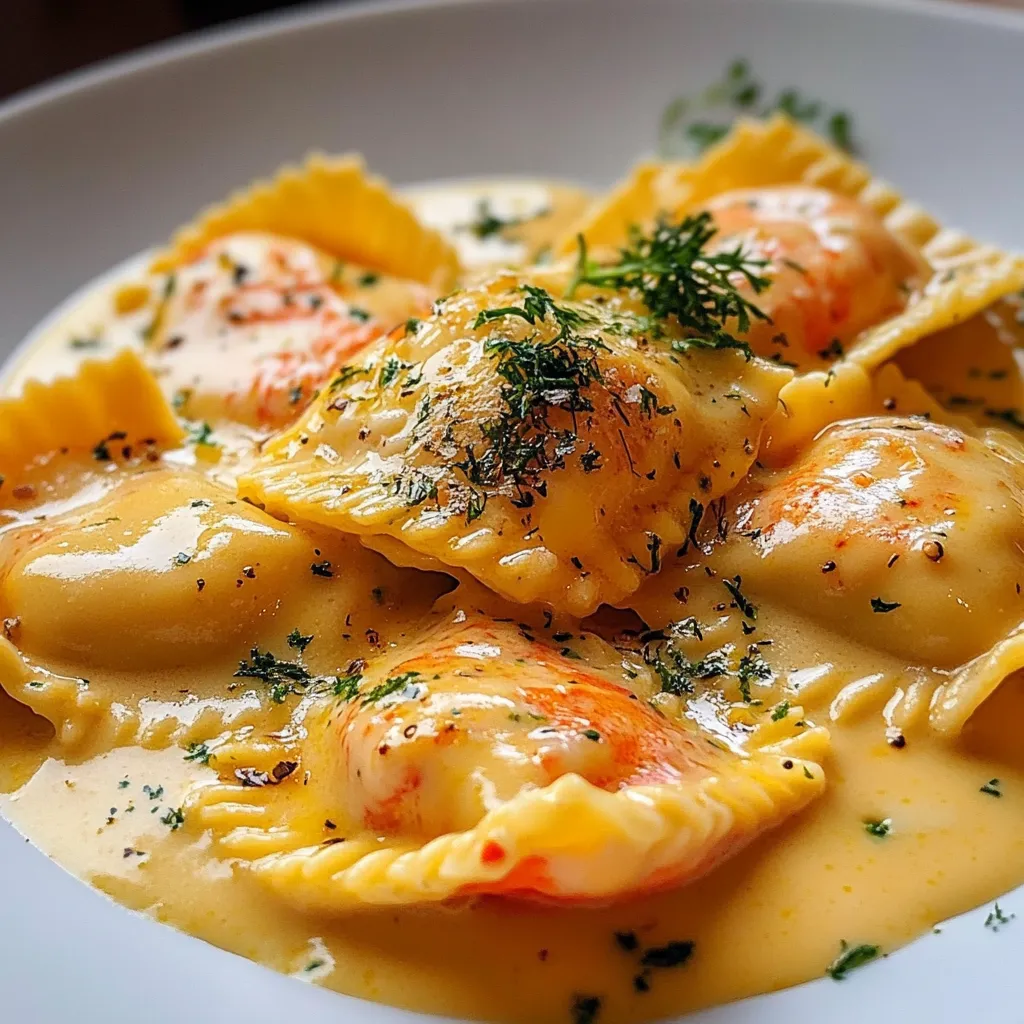 Raviolis de homard maison nappés de sauce au safran et citron, servis dans une assiette blanche élégante.