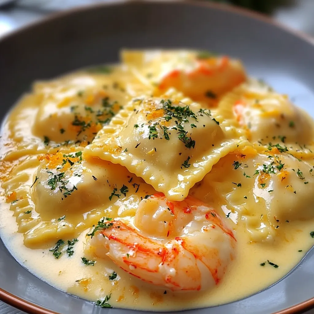 Raviolis de homard maison nappés de sauce au safran et citron, servis dans une assiette blanche élégante.
