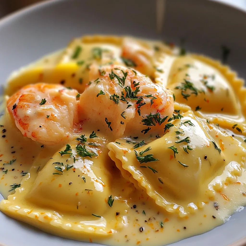 Raviolis de homard maison nappés de sauce au safran et citron, servis dans une assiette blanche élégante.