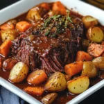 Rôti de bœuf braisé lentement avec légumes fondants dans une cocotte en fonte