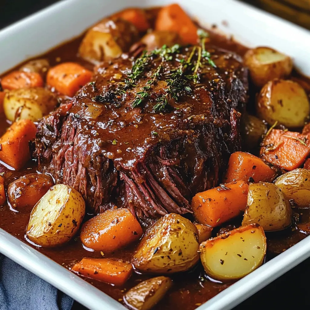Rôti de bœuf braisé lentement avec légumes fondants dans une cocotte en fonte