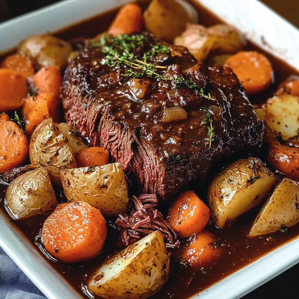 Rôti de bœuf braisé lentement avec légumes fondants dans une cocotte en fonte