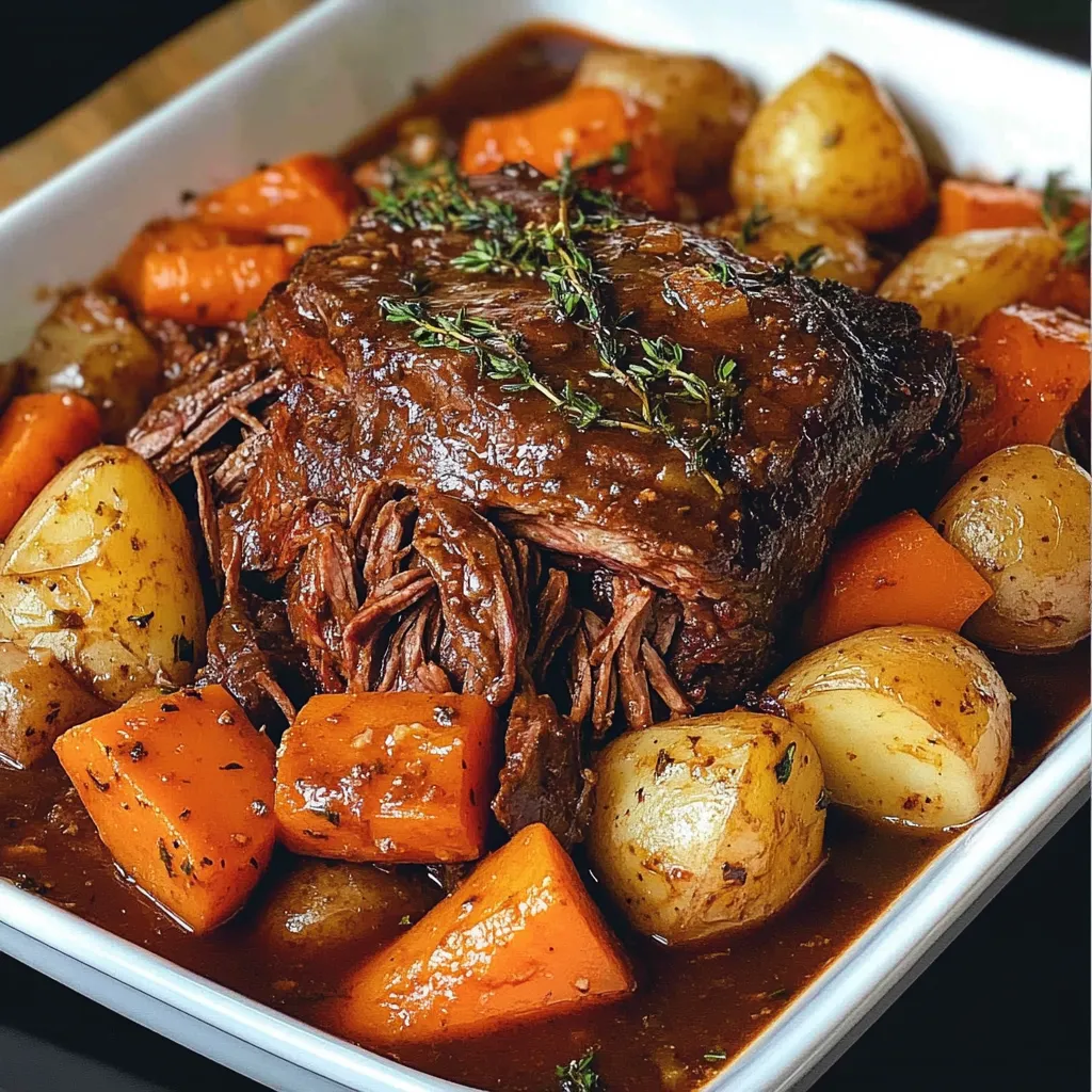 Rôti de bœuf braisé lentement avec légumes fondants dans une cocotte en fonte