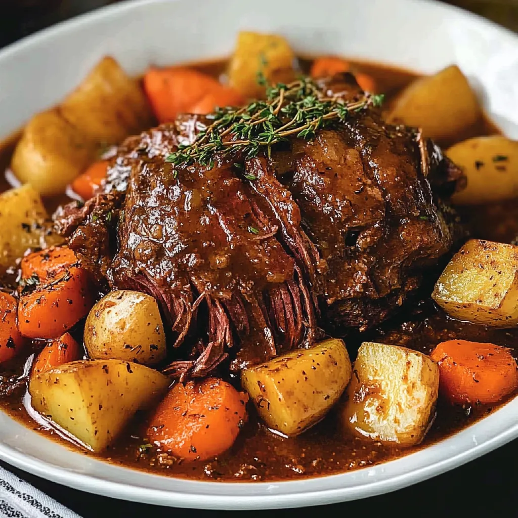Rôti de bœuf braisé lentement avec légumes fondants dans une cocotte en fonte