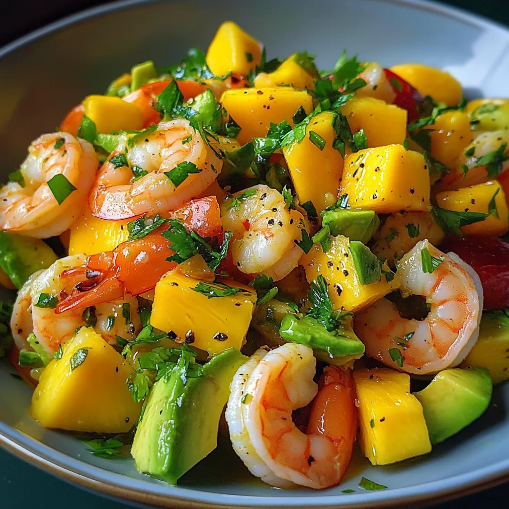 Salade d’avocat, mangue et crevettes servie fraîche avec coriandre et citron vert