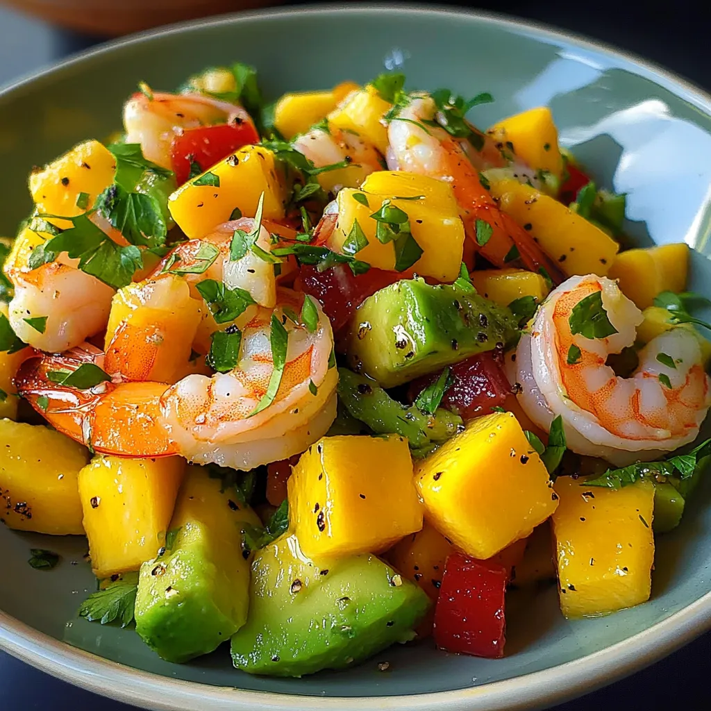Salade d’avocat, mangue et crevettes servie fraîche avec coriandre et citron vert