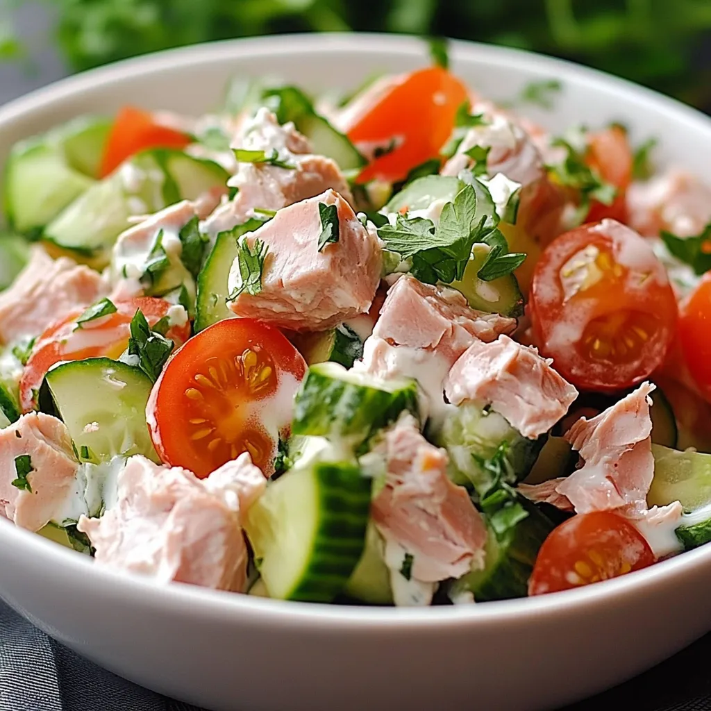 Assiette de salade fraîcheur au thon et fromage frais avec avocat, roquette et légumes colorés.