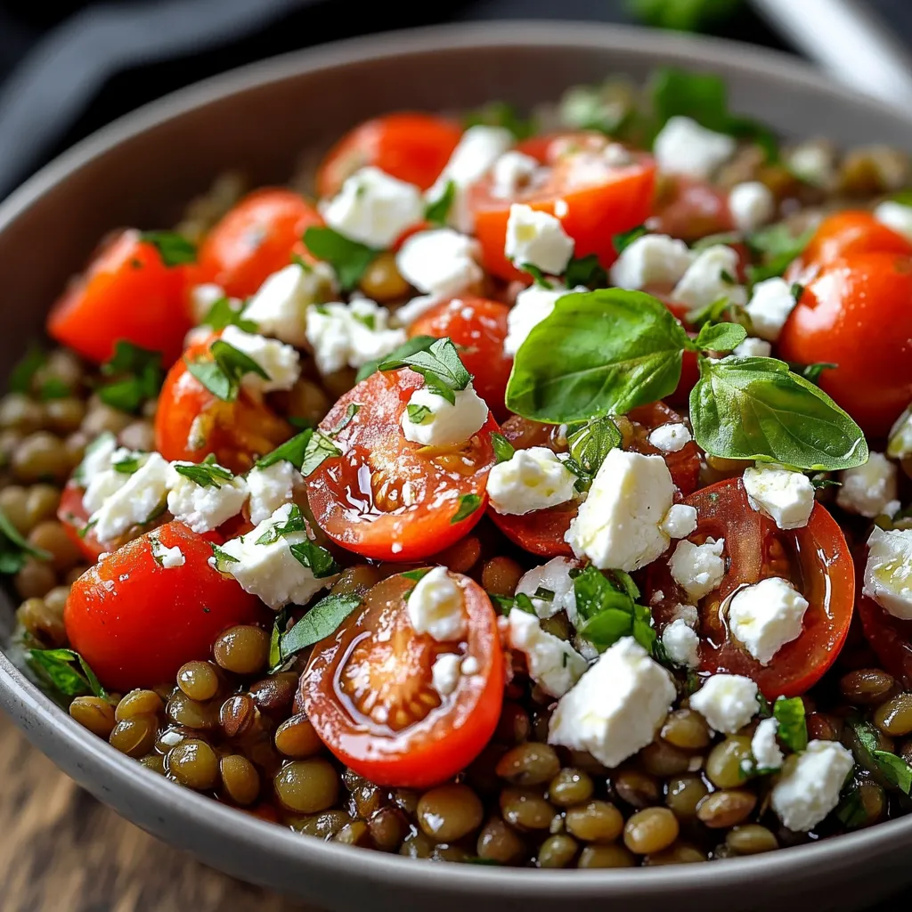 Assiette de salade de lentilles vertes avec tomates cerises, feta émiettée et persil frais